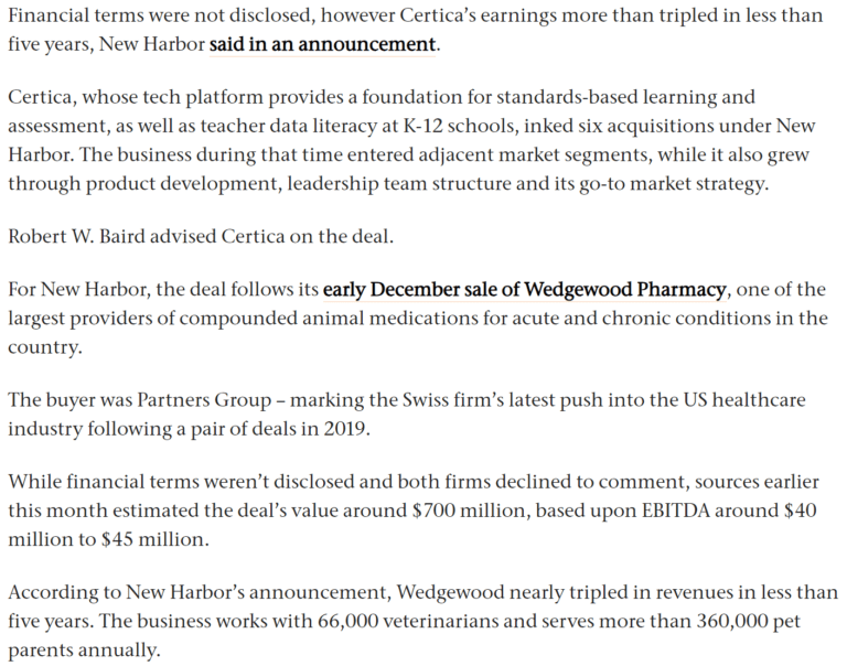 PE Hub article covering New Harbor Capital's 2020 annual activity. Image 2/4. 