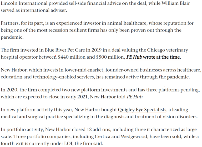 PE Hub article covering New Harbor Capital's 2020 annual activity. Image 3/4. 